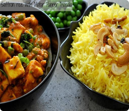 Simple Saffron Rice with Matar Paneer Masala Recipe