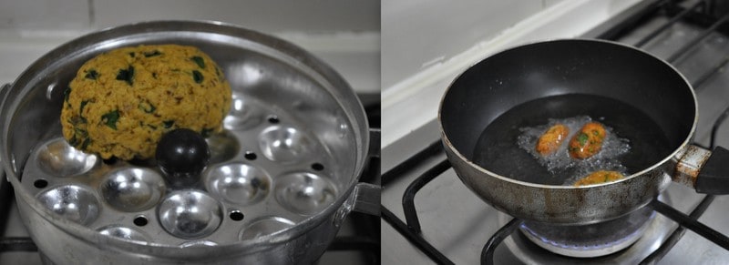 steaming and frying the muthia