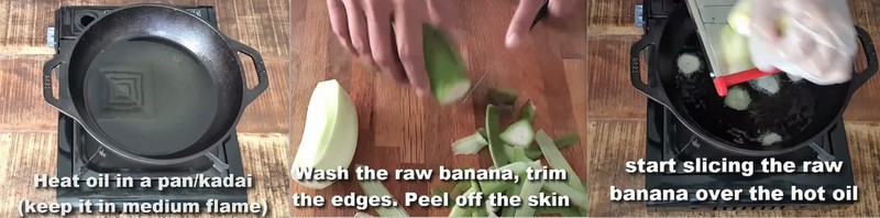 slicing the raw banana chips, vazhakkai chips