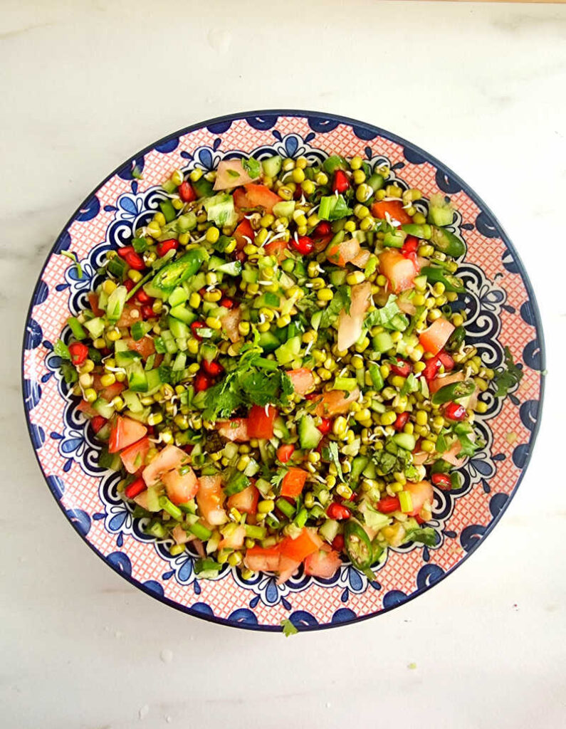 Indian Style Beans Sprout Chaat Sprouted Mung Beans Salad Low Calorie Recipes Prema S Culinary